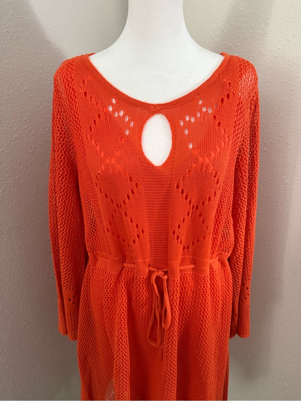New York & Company Orange Crochet Knit Dress Swim Cover Up Tie Waist Large NWT - Picture 2 of 10